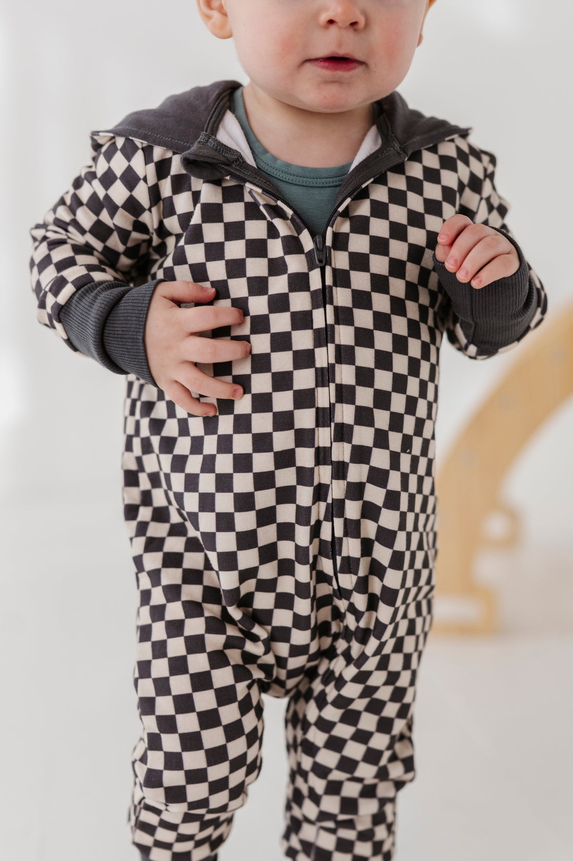 Checkered Hooded Zip Romper