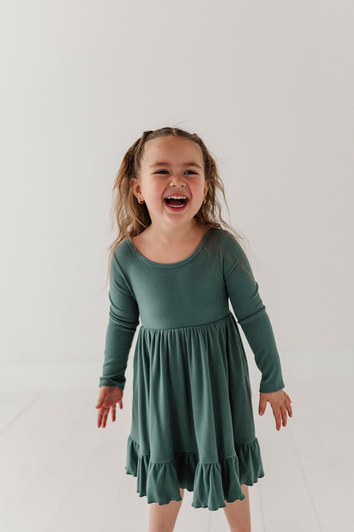 Green Ribbed Long Sleeve Dress