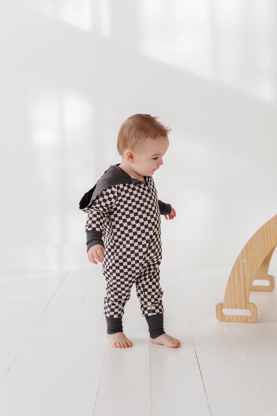 Checkered Hooded Zip Romper