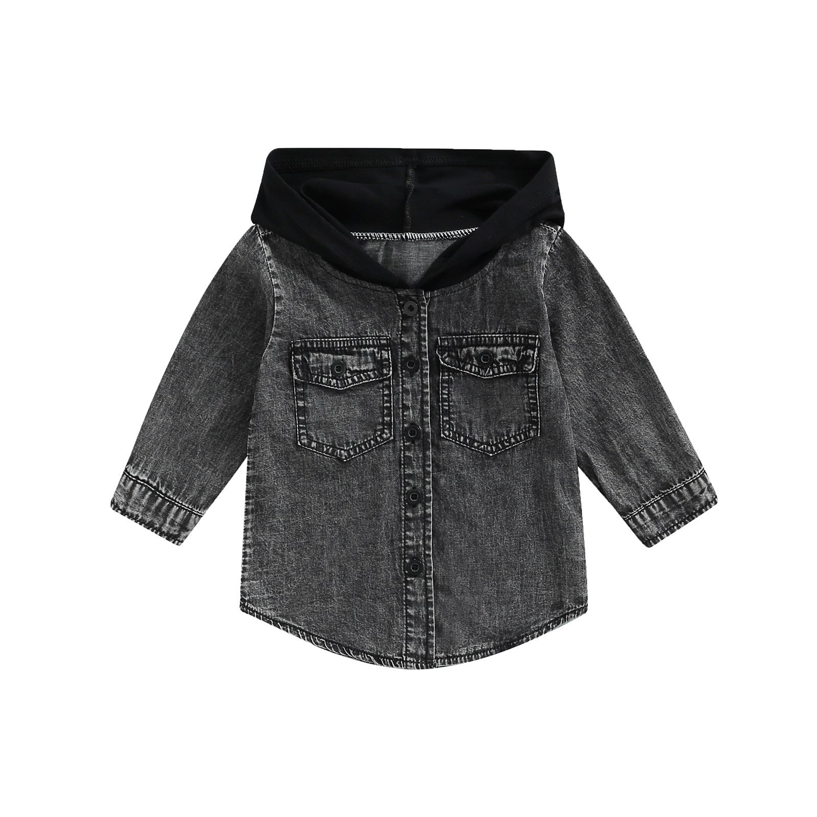 Black Hooded Denim Button-Up