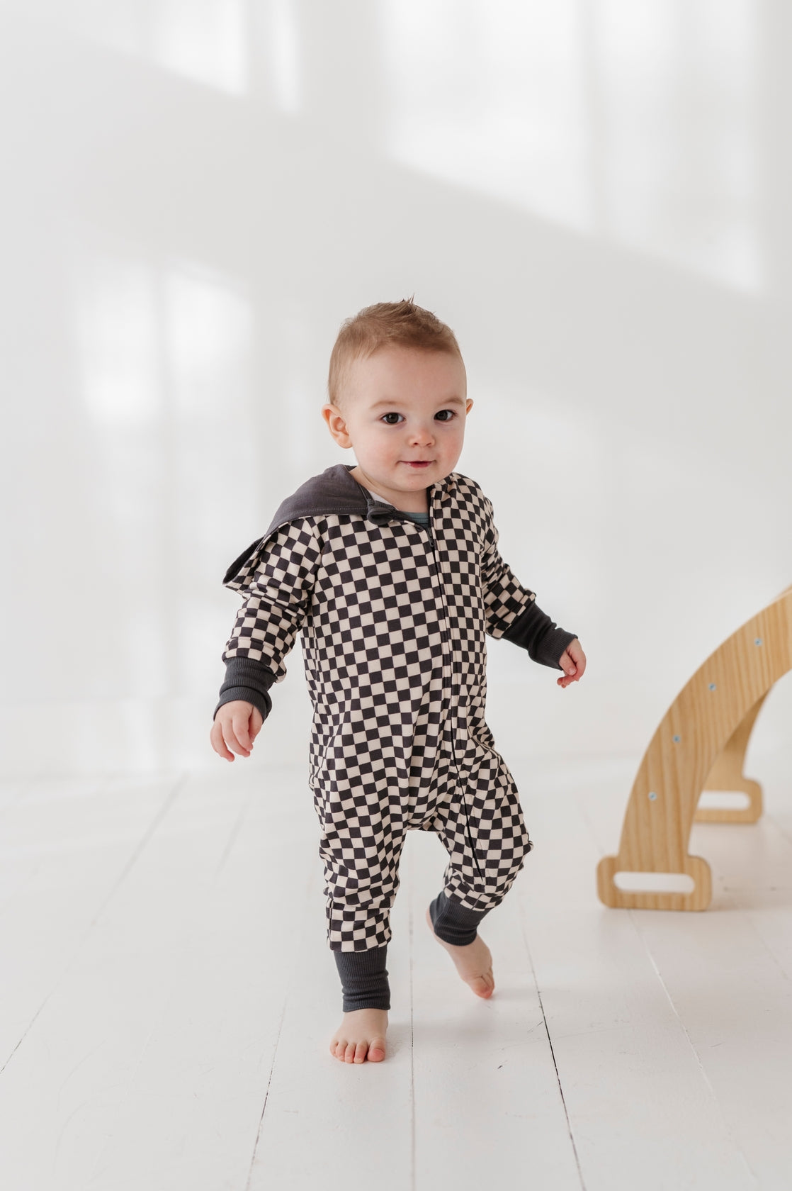 Checkered Hooded Zip Romper