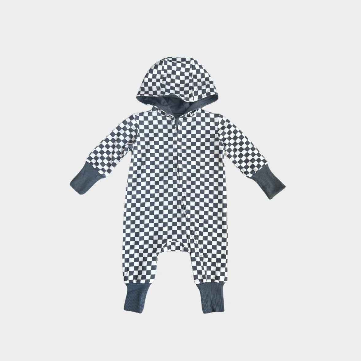 Checkered Hooded Zip Romper