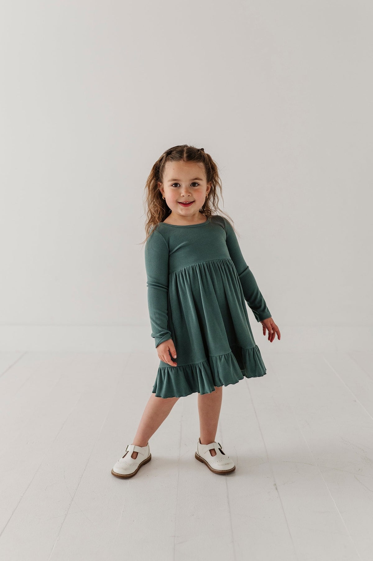Green Ribbed Long Sleeve Dress