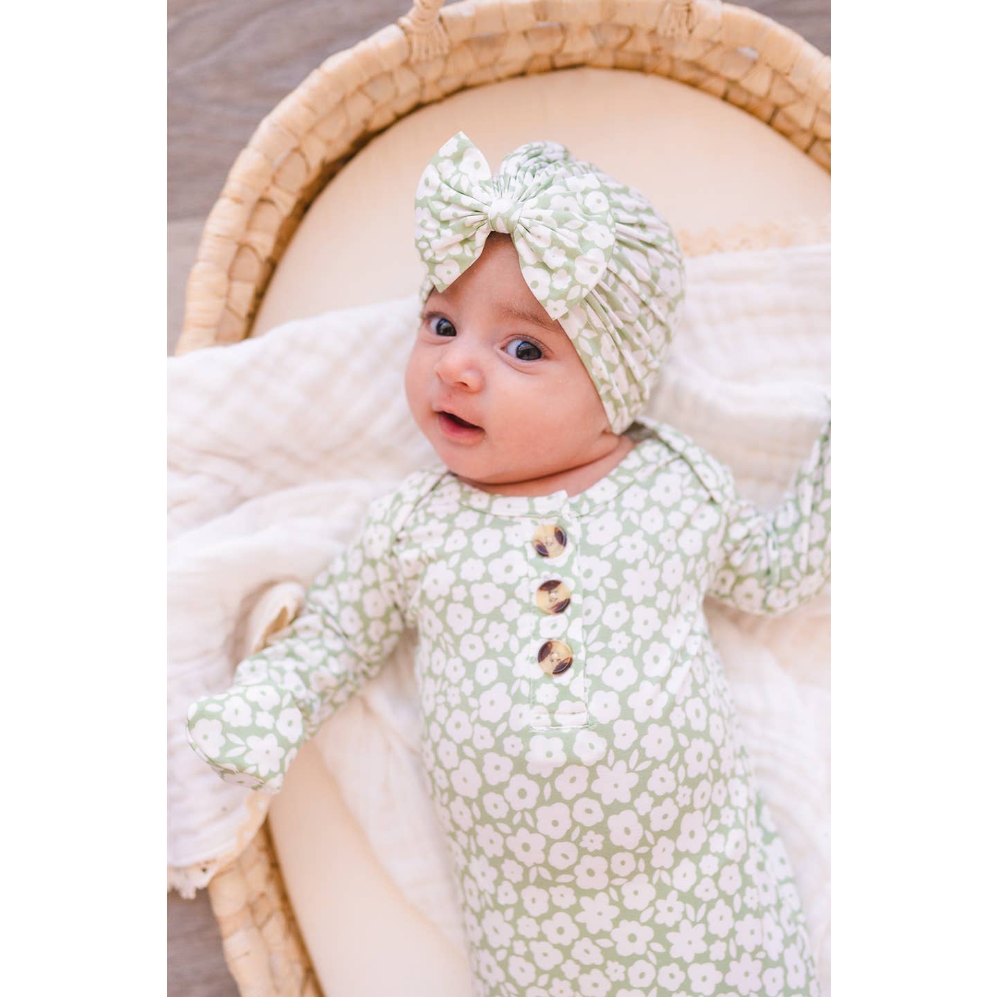 Sage Ditsy Floral Knotted Gown Set