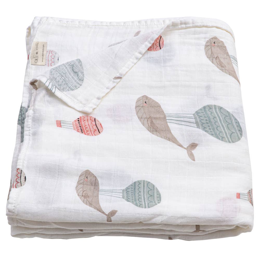Bamboo Muslin Swaddle - Whale